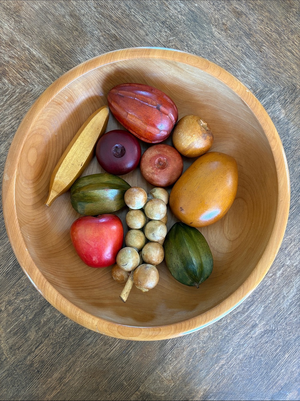 VTG Mid Century Modern Cherrywood Bowl & Hand Carved Wooden Fruit Set